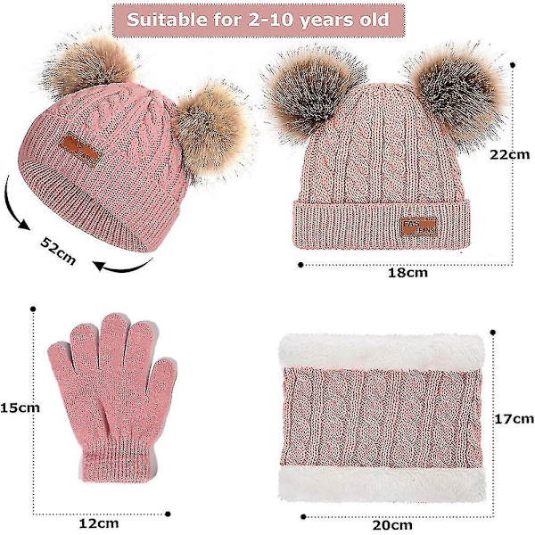 Yougang 3-delt baby vinter varm strikket lue skjerf hansker sett barn jenter gutter pompom beanie caps