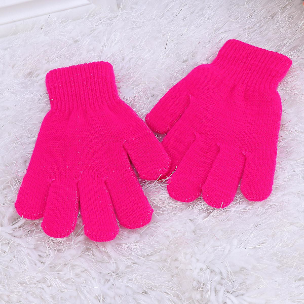 Hanske for barn, høst- og vintermodeller, strikkede ensfargede femfingerhansker, varme hansker, 4-12 år (Rosy)