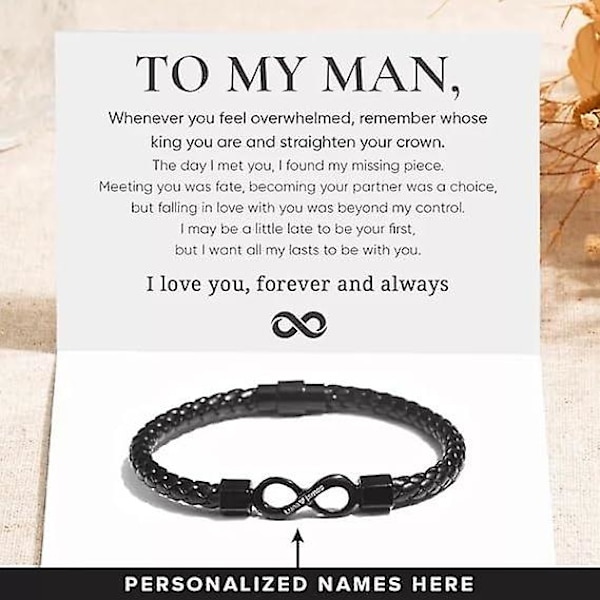 Til Min Mand, Personlig Dobbelt Navn Uendelighed Læderarmbånd, Rustfrit Stål Flettet Armbånd, Personlig Tilpasset Navn Armbånd til Kæreste Jul, B