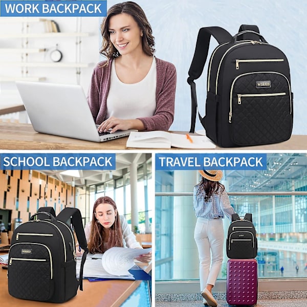Laptop-ryggsäck - Quiltad reseryggsäck, arbetsryggsäck för lärare med USB-port (15,6 tum svart)