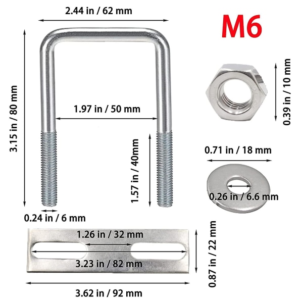 4 stycken U-bultar M6 U-bult 80 X 50mm, rostfritt stål U-bult med mutterplattor bricka, klämbultar för fixering av rör, för rördiametrar mindre än 50mm
