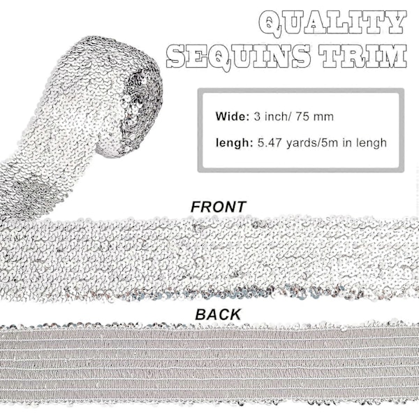 5,5 Yards 3 Tums Bred Sekvensprydnad Silver Elastisk Sekvenband Platt Gardinband Stretch Bling Paillettband Silver Sekventygsprydnad för Klänning