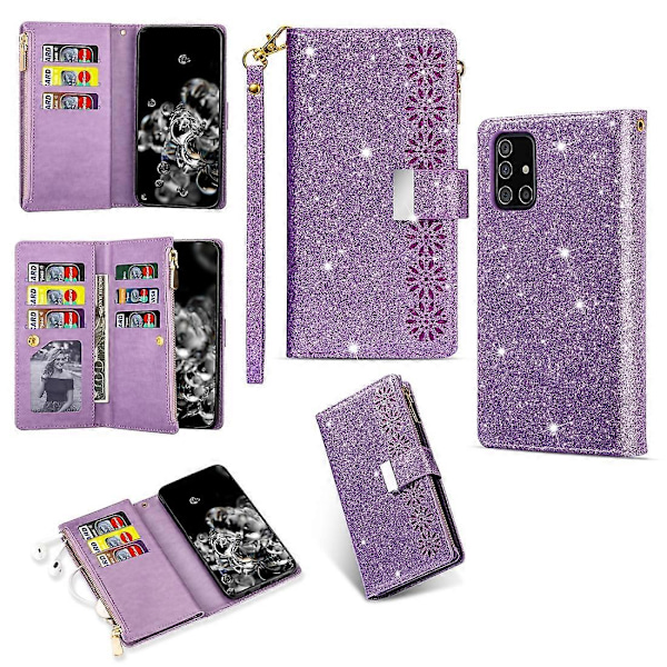 För Samsung Galaxy A51 Multi-card Slots Stjärnklar Himmel Laser Carving Glitter Dragkedja Horisontell Flip Läderfodral med Hållare & Plånbok & Snodd