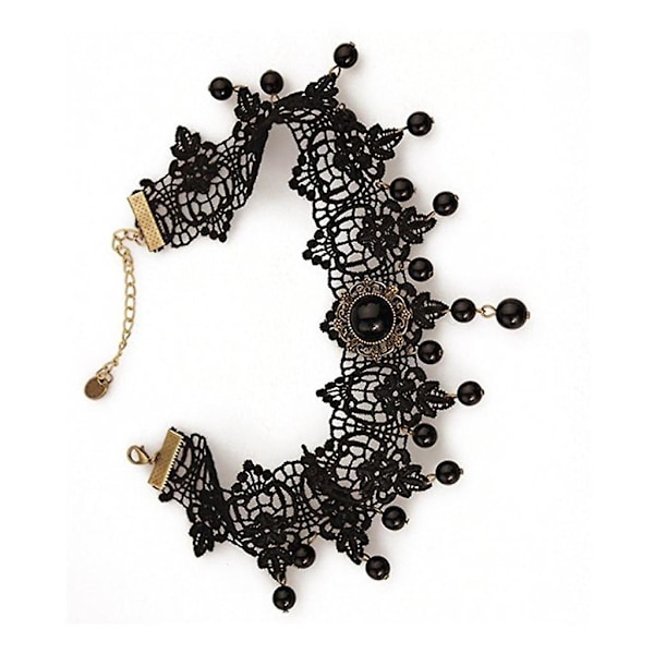 Dame Gotisk Steampunk Blomst Sort Blonde Perler Vedhæng Krave Choker Halskæde
