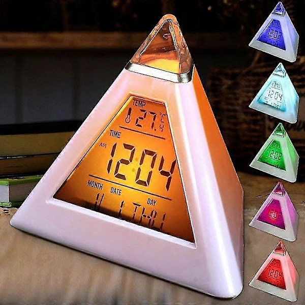 Digitalt LED Vækkeur 7 Farver Skiftende Natlys Tid Temperatur Display Pyramideformet Bordur FT
