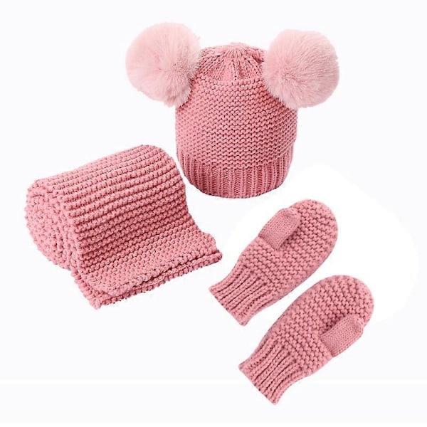 3-delt sett med vintervarm lue, skjerf og votter for barn og babyer - Ensfarget strikket beanie, langt skjerf og votter - Heklet babylue