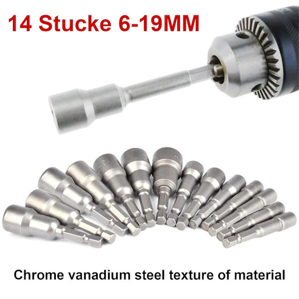 14 stk. 6-19mm Skruetrækker Sokker - Bits Adapter, Hex Hoved Til Håndbor, Elektrisk Skruetrækker, Sokkel Nøgle (Høj Kvalitet Leje Stål)
