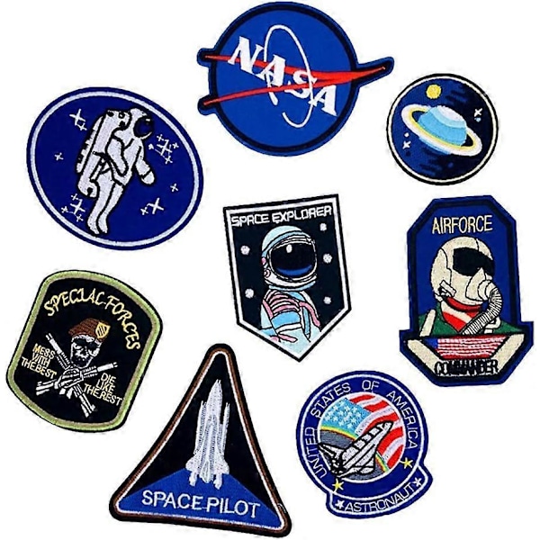 8 stk. strygemærker til at sy eller stryge på - Mønster: Astronaut og Flag - Assorterede størrelser - Til jeans, jakker, tøj osv.