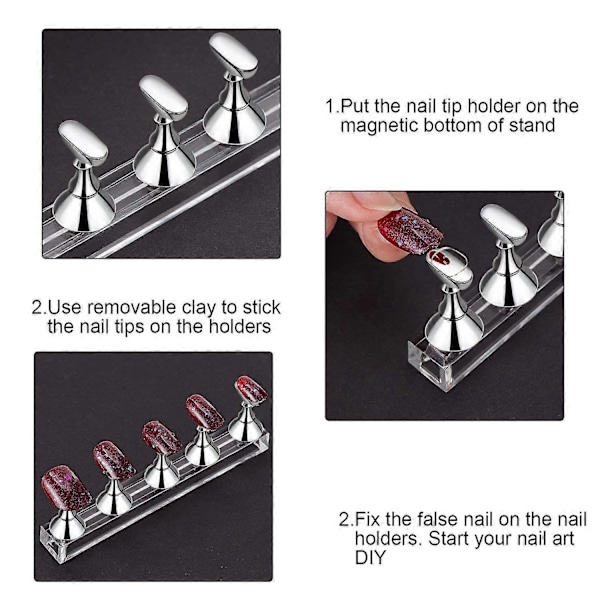 2 Sett Akryl Negle Display Stativ Negle Øvelse Holder Magnetisk Negle Øvelse Stativ Fingernegl DIY Negle Stativ for Falske Negle Manikyr Verktøy Salong Bruk (