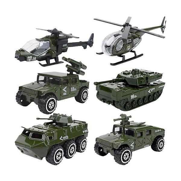 6 stk 1:87 Legering Glidbil Modellsett Legering Militær Kjøretøy Mini Diecast Bil Leke Sett Helikopter Tank Panserbil For Barn Gutter