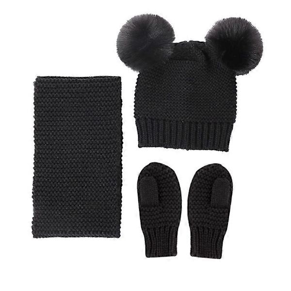 3-delt sett med vintervarm lue, skjerf og votter for barn og babyer - Ensfarget strikket beanie, langt skjerf og votter - Heklet babylue