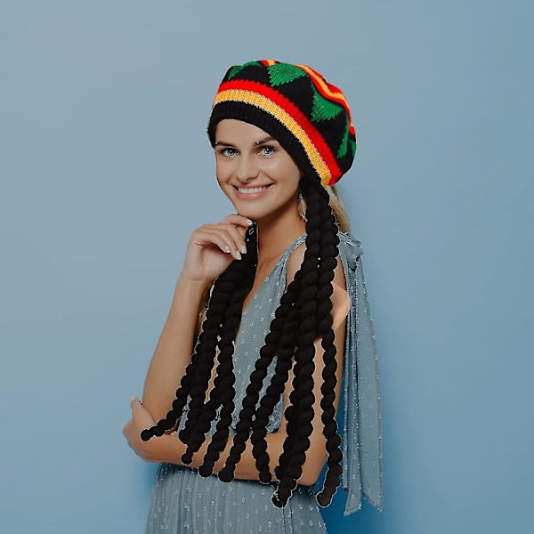 2-pak Rasta Sæt - Rasta Hat med Sorte Dreadlocks Paryk og Gule Briller - Caribisk Kostume