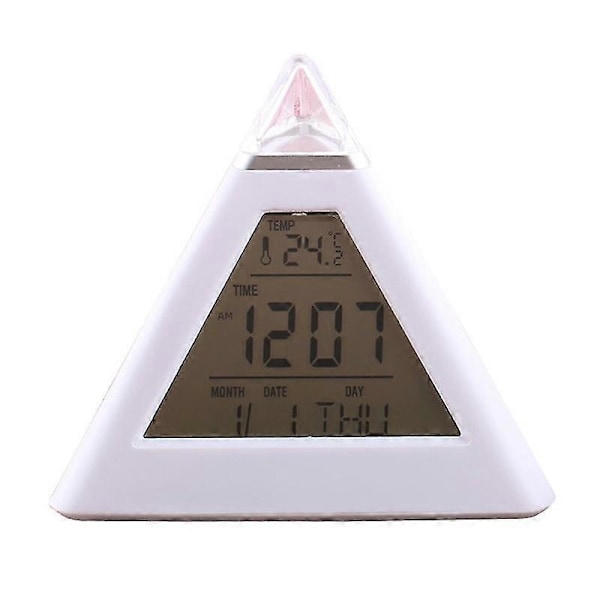 Digitalt LED Vækkeur 7 Farver Skiftende Natlys Tid Temperatur Display Pyramideformet Bordur FT