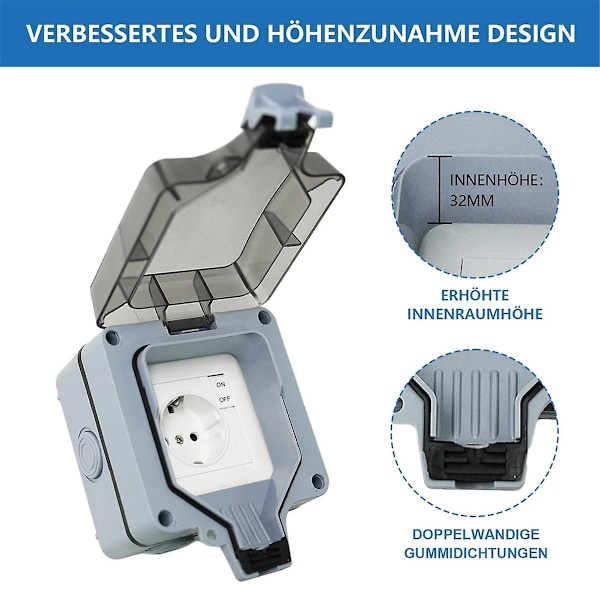 Udendørs Stikkontakt Vandtæt Stikkontakt 1-Vejs Udendørs Stikkontakt IP66 med Afbryderindikatorlys og Hængslet Låg Låsbar EU-Stik