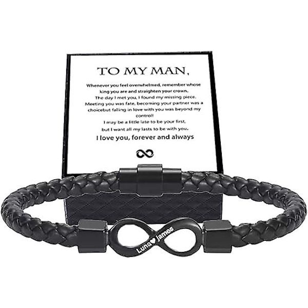 Til Min Mand, Personlig Dobbelt Navn Uendelighed Læderarmbånd, Rustfrit Stål Flettet Armbånd, Personlig Tilpasset Navn Armbånd til Kæreste Jul, B
