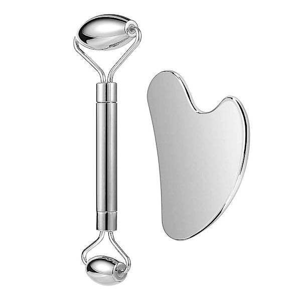 Ansigtsrulle og Gua Sha Sæt i Rustfrit Stål - Ansigtsmassage Rulle