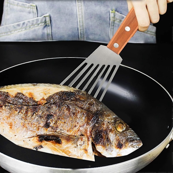 Fiskespatel i rustfritt stål, fiskespatel med trehåndtak, spaltet turner, kjøkkenmetallspatel