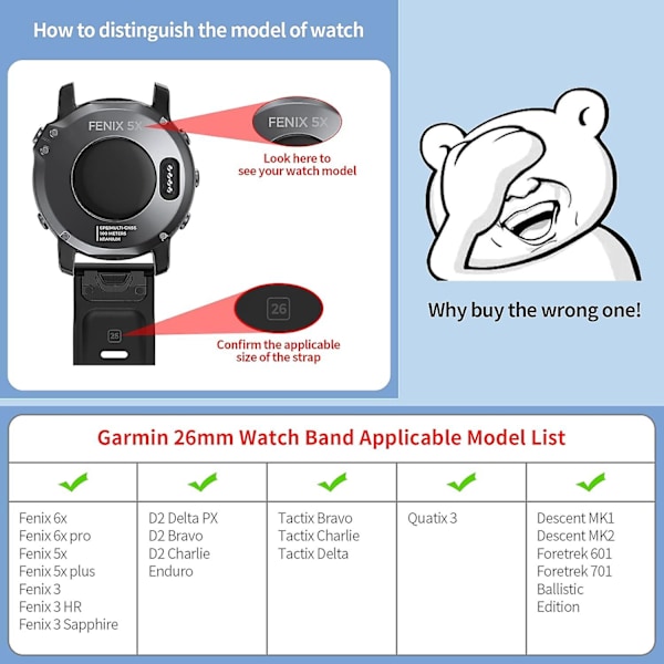 Silikon Remsæt til Garmin Fenix 6x Pro - Blød 26mm Rem