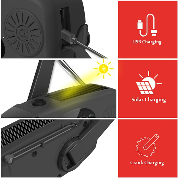 Nödradio, bärbar handvev solcellsradio med AM/FM-funktion, med 2000 mAh uppladdningsbar power , SOS-siren, LED-ficklampa