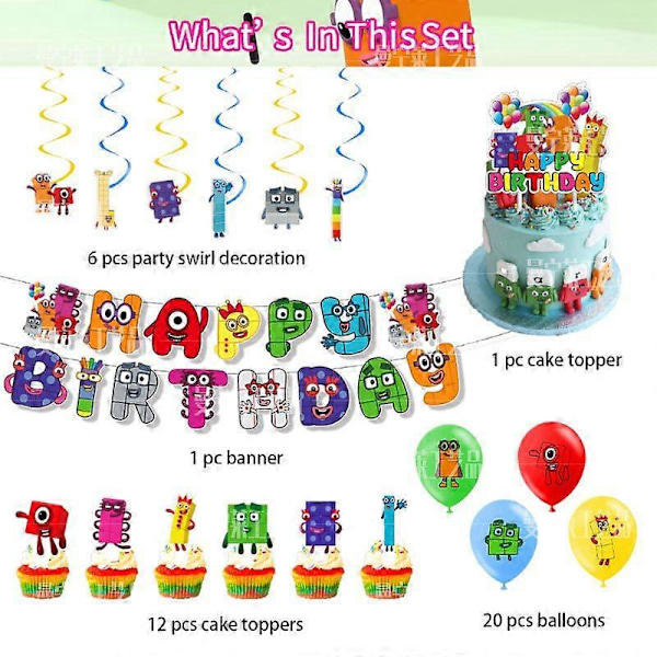 Numberblocks Bursdagsfestutstyr, Number blocks Bursdagsbanner - Kake- og Cupcake Toppers - 20 Latexballonger for Numberblocks Festdekorasjon