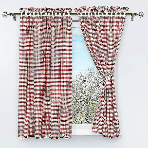 Set med 2 mörkläggningsgardiner perforerade med 2 rutiga fönsterdekorationer för interiör sovrum röd H/w 120/80cm
