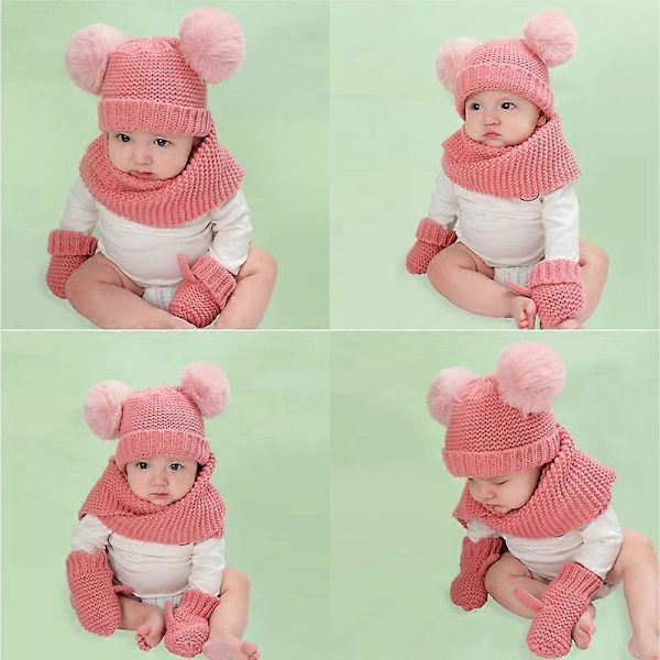 3-delt sett med vintervarm lue, skjerf og votter for barn og babyer - Ensfarget strikket beanie, langt skjerf og votter - Heklet babylue