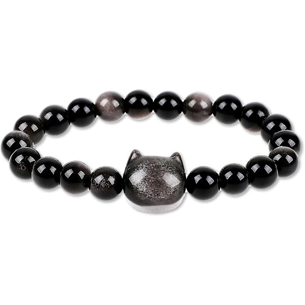 Cat Black Obsidian Bracelet Cat Bracelet Beaded Lucky Cat Crystal Bracelet Stretch Bracelets Cat Bracelet for Women