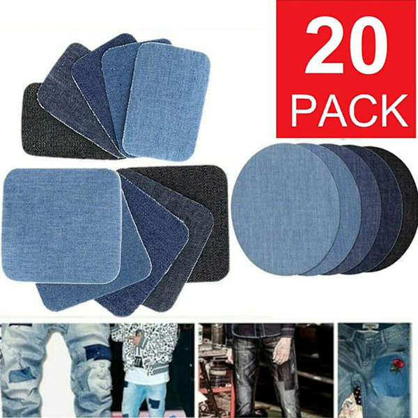 20 st Iron-on-lappar Jeanslappar Denim Tyg lappar Syfria Lagningsduk Knäbyx lappar 4 Storlekar