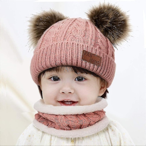 Yougang 3-pack Baby Vinter Varma Stickad Mössa Halsduk Vantar Set Barn Flickor Pojkar Pompom Mössa