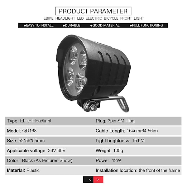 36V-60V E-sykkel Forlykt EScooter LED Frontlys Elektrisk Sykkel Motorsykkel Vanntett Horn S