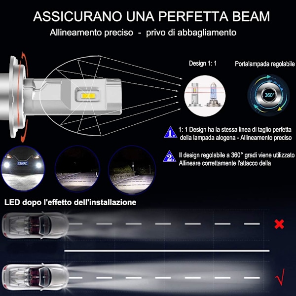 H7 LED Pære 6500K Til Bil Forlygter Fjernlys Nærlys, Justerbar Pæreholder Udskiftning Halogenlampe Og Xenon Forlygter (2stk)