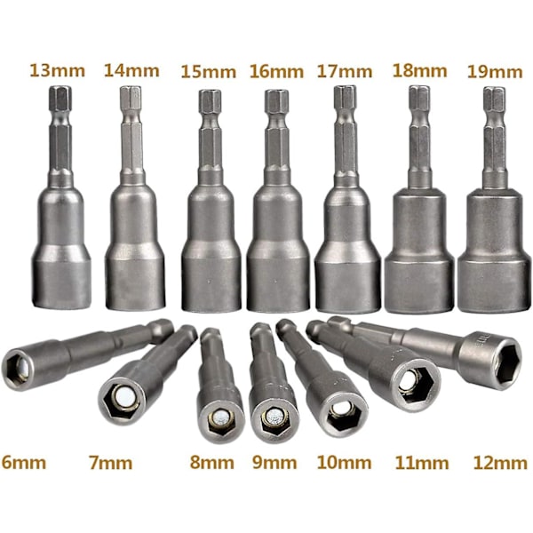 14 stk. 6-19mm Skruetrækker Sokker - Bits Adapter, Hex Hoved Til Håndbor, Elektrisk Skruetrækker, Sokkel Nøgle (Høj Kvalitet Leje Stål)
