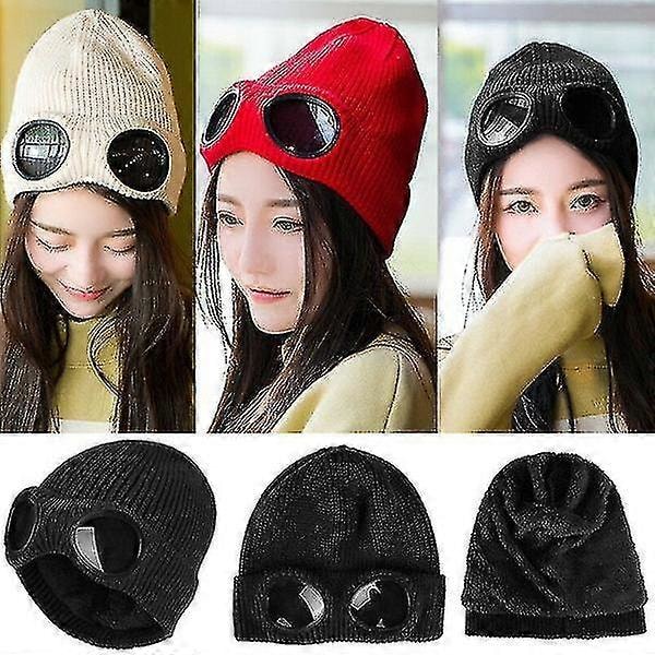 SZTXJ Unisex Varm Vinterstrikket Ull Tykk Beanie Lue Briller Beanie Caps Svart