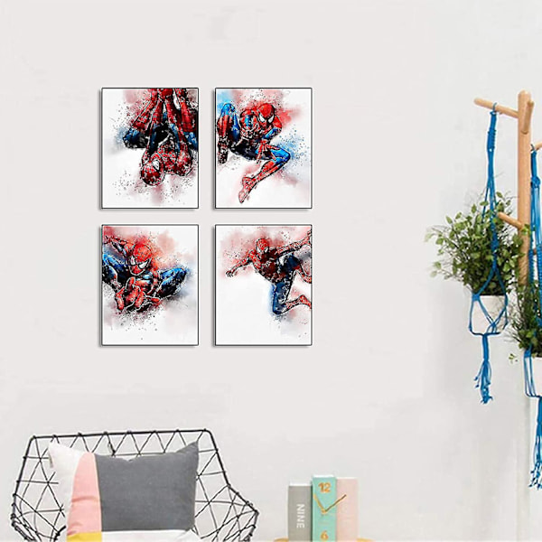 Serienfigur Superhjälte Spiderman Tema Konstmålning Set om 4 (8x10 Canvas Bild) Barn Pojkar Födelsedagspresent Spelrum Dekoration Konsttryck