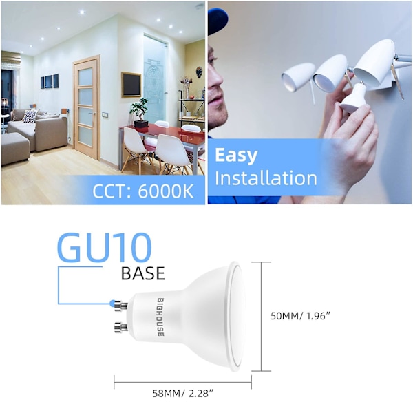 GU10 LED-lampa, 5W motsvarande 40W, 400lm, Kylvitt 6000K, GU10 LED-energisparlampa med 120 graders strålvinkel [belysningspaket med 10 standard LED-lampor]