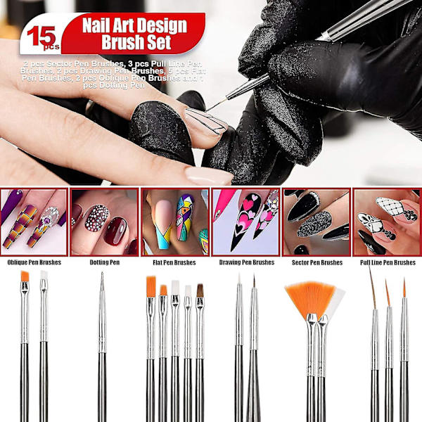 Nagelpenna Designer, Teenitor Stämpel Nail Art Verktyg Med 15 st Nail Painting Penslar, Nail Dotting Verktyg, Nail Foil, Manikyrtejp, Färgade Strass För N