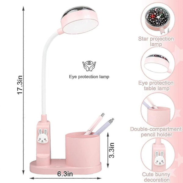 Bordlampe til børn, sengelampe med penholder, dæmpbar, genopladelig LED-læselampe