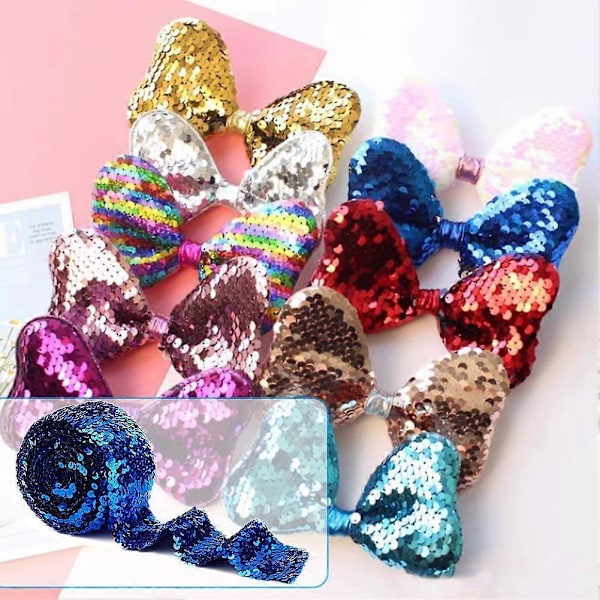 5,5 meter Blå Paljettband 7,4 cm Brett Elastiskt Paljettband 8 Rader Paljett Rulle Glitter Stretchband Platt Paljettremsa Spets DIY Sömnad
