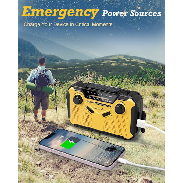 Klockradio, överlevnadsutrustning, batteridriven radio med 3000mAh powerbank, solradio med ficklampa, läslampa och SOS-siren