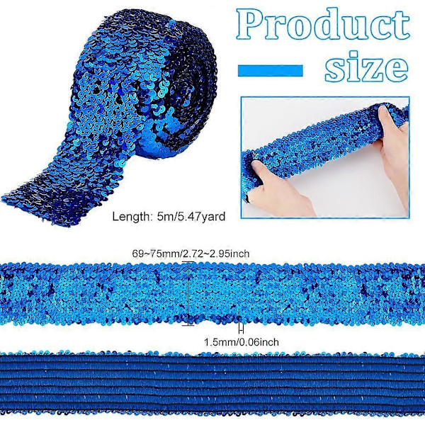5,5 meter Blå Paljettband 7,4 cm Brett Elastiskt Paljettband 8 Rader Paljett Rulle Glitter Stretchband Platt Paljettremsa Spets DIY Sömnad