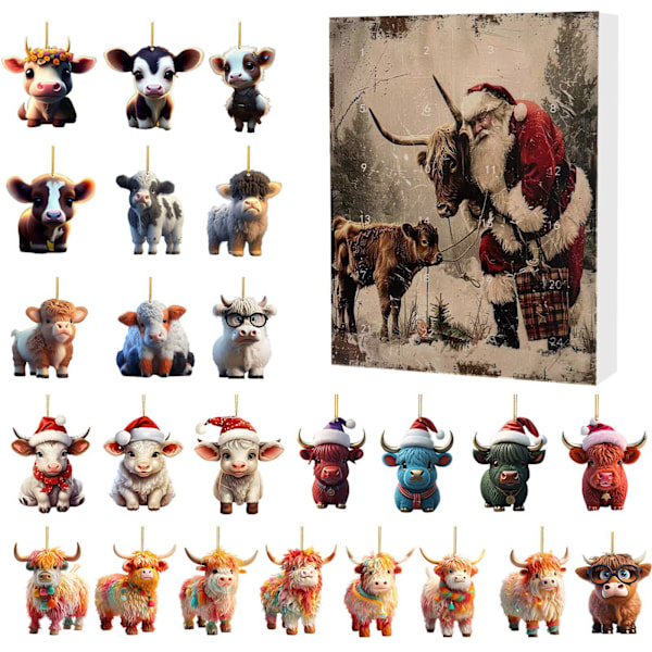 Julekalender med Yak Santa Claus Highland Cattle anheng Blind Box Julegave-C