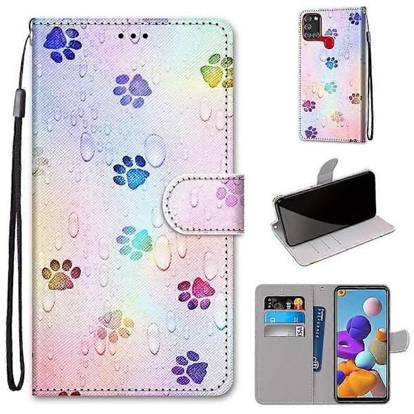 Färgat ritning korsstruktur horisontellt flip PU-läderfodral med hållare, kortfack, plånbok och snodd för Samsung Galaxy A21s (Katt som dricker läsk)