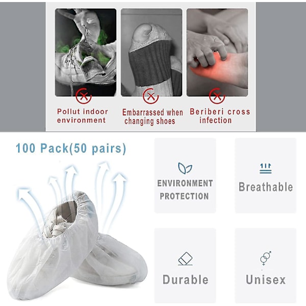 100-pack (50 par) engångsskydd för skor, vita, halkfria skoskydd för inomhusbruk