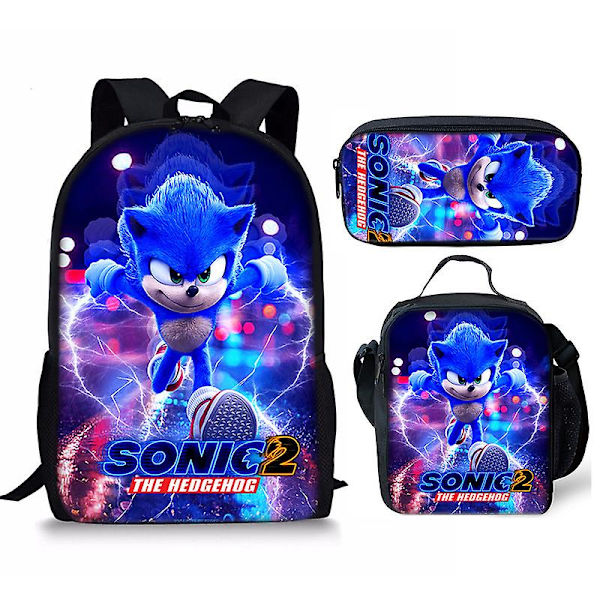 Sonic Ryggsäck Sonic2 Skolväska Barnmåltidsväska Pennfodral Tre-delad Set