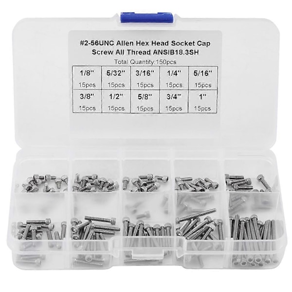 #2-56 UNC 150 stk. sekskant skrue sortimentsett, 9 størrelser med plastboks