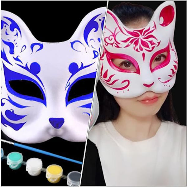 3 stk. Malefarvede Kattemasker, Dyredragtmasker DIY Hvide Halvmasker til Maskerade Halloween Børne Cosplaymasker Kostumefest Favør