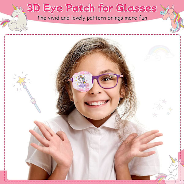 2 stycken barn-bomullsögonlappar 3D ögonlapp för glasögon Rosa enhörning Återanvändbara ögonlappar för barn flickor pojkar (höger öga)