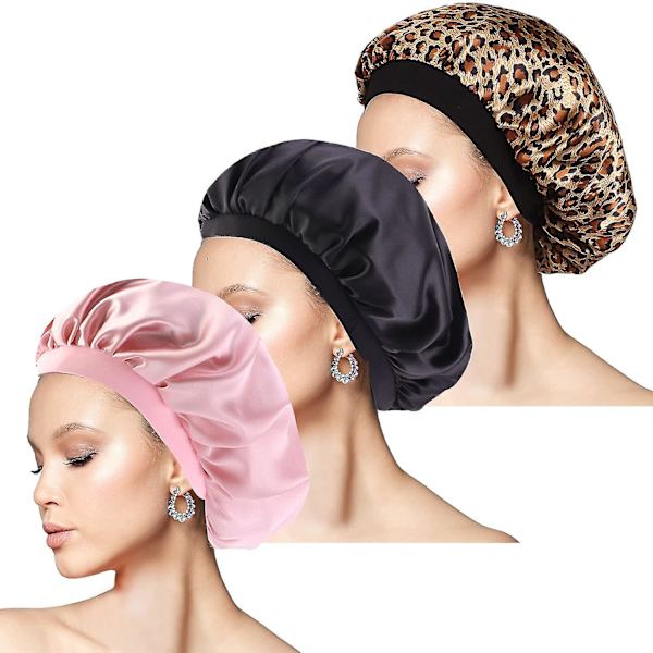 Set med 3 nattmössor i satin, silkesmössa med elastiskt brett band för nattsömn (svart, leopard, rosa)