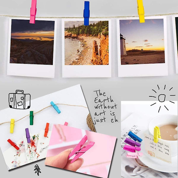 Paket med 100 miniträklämmor i trä, färgglada klädnypor, 2,5 cm dekorativa klädnypor för fotovägg DIY-hantverk