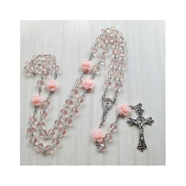 Rosenkvarts Rosenkrans Halsband Katolsk Vintage Kors Hänge Lång Kedja Halsband Religiös Smyckesgåva